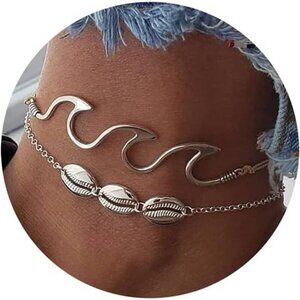 Silver Wave & Shell Anklet Set – Beach-Inspired Boho Jewelry -Beach Vibes Summer
